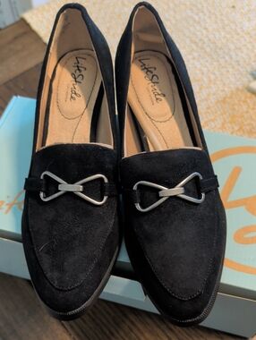 Life Stride Black Suede Loafers with Silver Hardware
